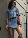 Hot Style Double Front V Collar Head Short Denim Shirt High-Waisted Denim Skirt Suit-Outfit