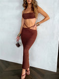 Women Knitted 2 Pieces Summer Clothing Set Sexy Tie-up Halter Crop Tops and Cross Wrapped Long Skirts Beach Clubwear-Outfit
