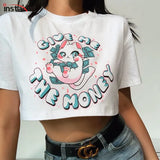 cute cartoon print T shirt women short sleeve crop top loose white casual streetwear t shirt summer cotton tee