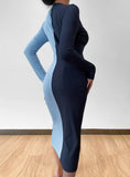 Contrast Color Commuting Button V Neck Long
