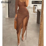 Women Plain High Slit Ruched Dress 2022 Femme Sexy Solid Drawstring One Shoulder Skinny Robe Office Lady Outfits traf-Outfit