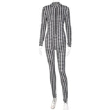 Long Sleeve Houndstooth Plaid Sexy Zipper V Neck Jumpsuit 2021 Summer Autumn Women Fashion Streetwear