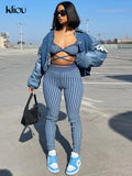 Kliou Striped Print Two Piece Set Women Sexy V-neck Bandage Backless Bra Tops+Mid Waist Stretchy Sheath Pants High Street