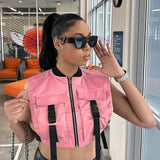 Punk Pockets Buckle Tee Shirt Femme Cropped Jacket Vest Sexy Summer Tops 2022 Women Basic Streetwear Sleeveless Tube
