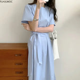 Korean Chic Long Dress Summer Short Sleeve A Line Lace-Up Bow Tie Retro Vintage Cute Women Cotton Blend Dresses