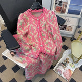 Spring Elegant Vintage Knitting 2 Piece Set Women Long Sleeve V-neck Cardigan + A-line Skirt Retro Two Piece Skirt Set-Outfit