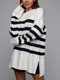 Autumn And Winter Women's Clothing Jacket Loose Round Collar Bump Color Knitted Striped Sweater