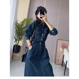 Woherb Shirt Denim Dress Female Summer 2024 New Retro Waist Show Thin Medium Long Denim Skirt-Outfit