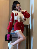 Gothiscyn Women Suit Crop Baseball Jacket + Skirt 2 Pieces Set Black High Street Spring 2022 New Gothic Punk Preppy Female