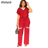 Fashion Casual Two Piece Set Women V Neck Short-sleeved T-shirt Elastic Straight Pants Two Piece Suit Women-Outfit