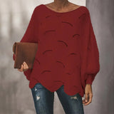 Loose Sweater Cloak Casual Oversized Soft Lantern Sleeve Hollow Out Pullovers Knit O Neck Wave Hem Solid Female