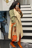 Fall Fashion Contrast Begie And Green Long Sleeve Button-Open Long