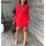 Sexy Slim Mesh Dress Women Fashion Mesh Stitching Long-sleeved Tassel Party Dress Women-Outfit