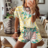 Set Summer Tie Dye Short Sleeve Top Shirt Loose And Biker Shorts Casual Two Piece Set Streetwear Outfits