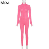 Kliou solid turtleneck full sleeve jumpsuits classic one piece women fitness slim rompers zipper long overall skinny