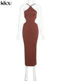 Kliou Ribbed Lace up Maxi Dress Women Sexy Solid Sleeveless Backless Body-Shaping Cut Out Skirt Party Clubwear Female