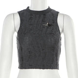 Woherb Summer New Women's Fashion Trend Round Collar Sleeveless Waist Crop Hollow Out Small Vest-Outfit