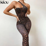 Kliou Flocking Mesh Jumpsuit Inclined Shoulder Leopard Style Patchwork One Piece Clothing Sexy Midnight Clubwear Female