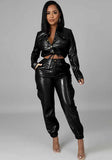 Leather Long Sleeve Crop Top and Pants Two Piece