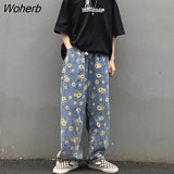 Women Harajuku Loose Vintage Sunflower Printed Denim Blue Womens Casual Streetwear Boyfriend Straight Trousers Unisex New-Outfit