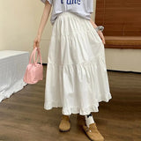 Korean Fashion White Long Skirt Women 2024 Summer High Waist Cake Skirts Woman Sweet Simple Loose A Line Skirts Laides-Outfit