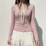 Woherb Girl Wind Lace Stitching Bow Long Sleeve T Shirt Square Collar Pit Strip Slim Solid Color Bottom Top-Outfit