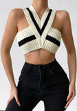 White V-neck Sleeveless Stripes Crop Top