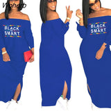 Sexy Slash Neck Ladies Solid Color Letter Printing Long Dress Home Casual Street Loose Large Size Dress-Outfit