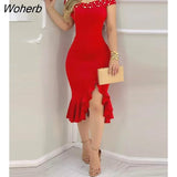 New Spring Fall Women Elegant Floral Patter Sheer Mesh Slit Bodycon Dress Femme Ruff Hem Cut Out Party Robes Skinny Vestido-Outfit