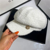 autumn winter soft Imitation mink pearl flower button leisure newsboy lady Octagonal hat women visors