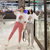 Casual Lady Print T Shirt And Solid Color Pants Women Sets Korean Female