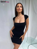 Puss New Hollow Mini Dress Women Solid Square Collar Short Sleeve Backless Elastic Skinny Bodycon Casual Vacation