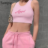 Fashion Print Summer Embroidery Crop Top White Women Casual Basic T Shirt Off Shoulder Sexy Backless Cami Tank Top