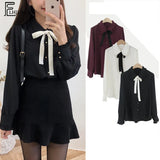 Chiffon Blouses Shirts New Hot Sales Preppy Style Girls Bow Tie Tops Cute Sweet Korean Temperament Lady Peter Pan Collar