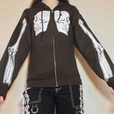 Gothic Skull Bones Printed Sweatshirt Zipper Up Long Sleeve Hoodies Women Spring Autumn Coat Top Y2K Aesthetic