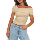 Solid color strapless wrap regular casual short sleeve backless shrunken Tee multicolor high quality pullover t-shirt-Outfit