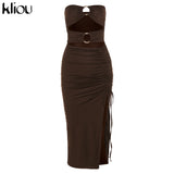 Kliou Draw String Maxi Dress Women Sexy Slash Neck Backless Bodycon Vestido Hot Female Body-shaping Streetwear Summer