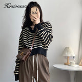 Striped Sweater Women 2022 New Korean Warm Knitted Female Tops Loose Turn Down Neck Ladies Cashmere Short