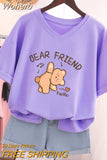 100% Cotton L-5XL Plus Size T Shirt Bunny Print V Neck Tshirt Short Sleeve Women Top Basic Summer Couple Solid T Shirts-Outfit