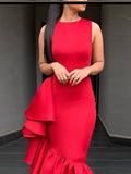 Women Bodycon Dresses Sleeveless Side Ruffles Slim O Neck Red Sexy Party Fashion Sheath Big Size XXL Female Vestidos Robes