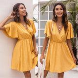 hirigin Women Vintage Ruffles Sleeve Dresses Summer Polka Dot Printed V-Neck Sexy Mini Dress Ladies Casual Beach Party
