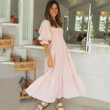 Elegant Square Collar Plaid A-Line Summer Spaghetti Midi Dress For Women 2023 Short Sleeve Ruffle Backless Boho Party Dress-Outfit