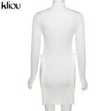 Kliou Knitted Stitching Mini Dress Women Hipster Skinny Three-Dimensional Decoration Bodycon Long Sleeve Turtleneck
