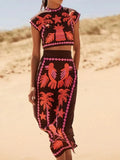 Women Vintage Print High Waist Slit Skirt Suit Elegant O-neck Short Sleeves Cropped Top Set 2024 New Summer Lady Chic Streetwear-Outfit