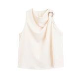 ZRN-Women's Gold Appliques Blouses, Sleeveless, Cowl Neck, Back Zipper, Female Shirts, Chic Tops, Fashion-Outfit