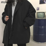 Womens Coat Black Solid Casual Thicken Aesthetic Korean Style Couple Loose Leisure Female Harajuku Trendy Simple Wool-Outfit