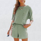 Casual Cotton Linen Pocket Sets Short Sleeve T Shirt And Elastic Shorts Two Piece Set Women Beach Solid Outfits