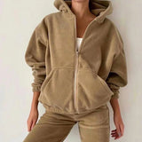 Women Fleece Hoodie Two Piece Sets Hooded Zipper Outerwear And Harem Pant Suit Autumn Winter Fashion Streetwear