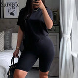 Summer Fashion White Black Casual Women Set Short Sleeve Shirt Tops And Bodycon Shorts Two Piece Sets Outfit Suit