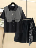Gothic Men Suits Cargo Vest + Shirt + Shirts 3 Pieces Set Summer Clothes Punk Preppy Streetwear Casual Outfit Men Fashion